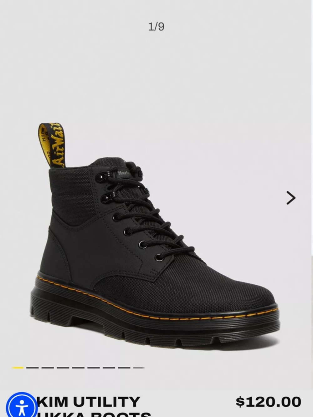 Dr. Martens Black Canvas Utility Boot with Yellow Pull-Tab